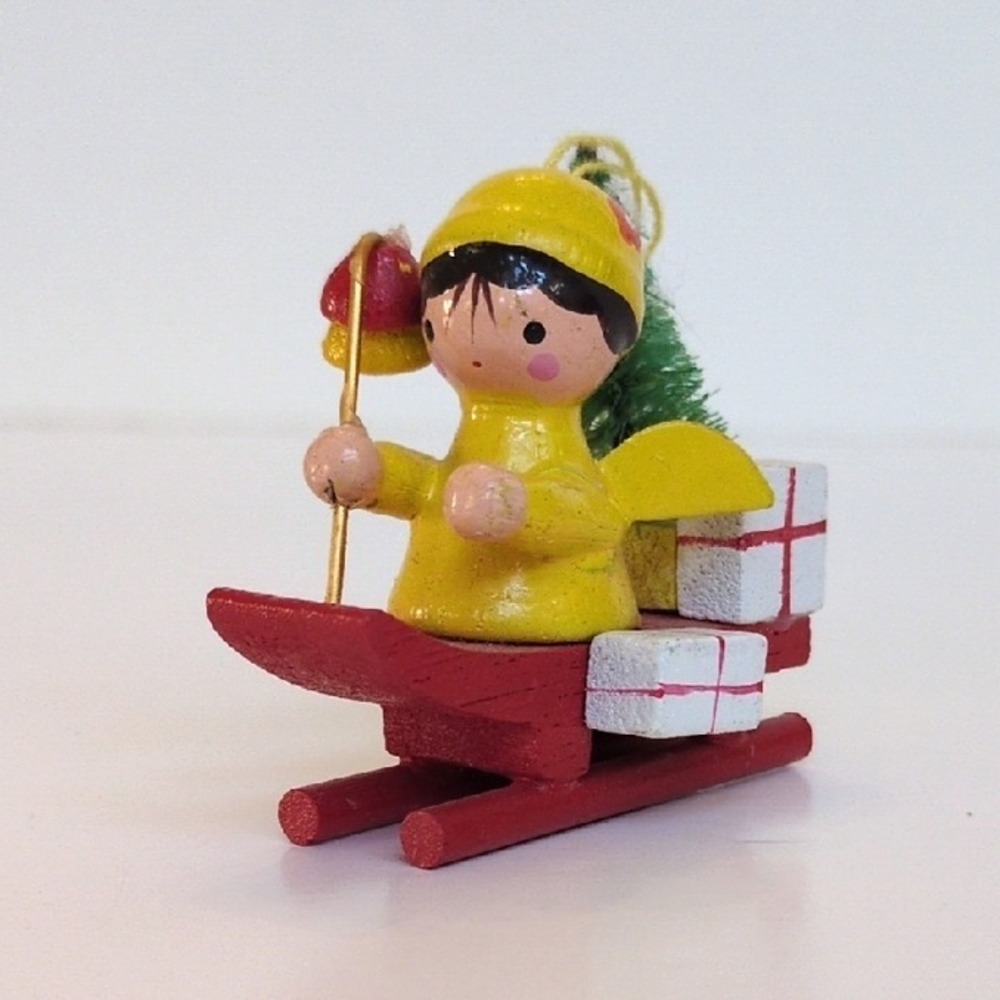 Vintage 70s Miniature Wooden Angel Christmas Ornament - Yellow Sled Tree‎